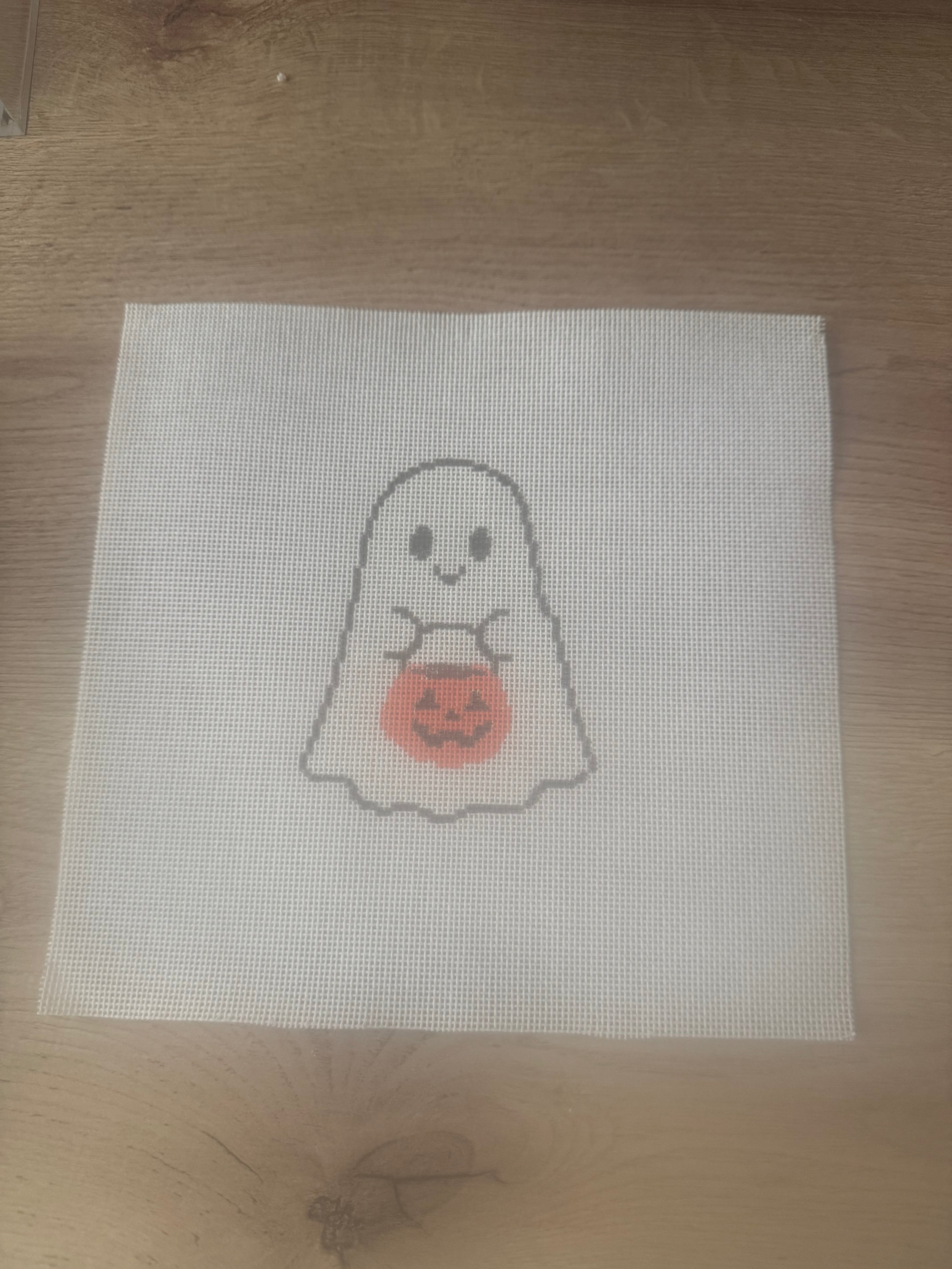 Fall in Iowa: Ghost Holding Pumpkin Bucket Needlepoint Canvas